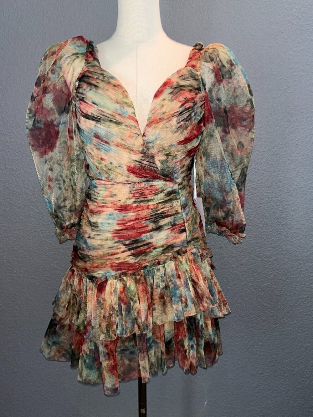 ROSEVELVET TULLE PLEATED RUCHED MINI DRESS ORANGE FLORAL SWEETHEART NECK NWT  M